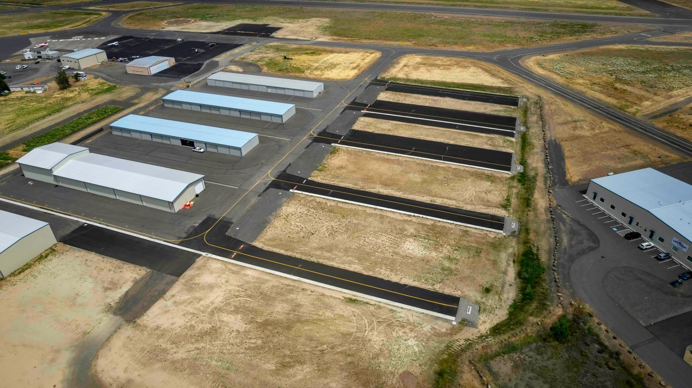 Aerial view of the T-hangar rows and new taxilanes at Columbia Gorge Regional Airport